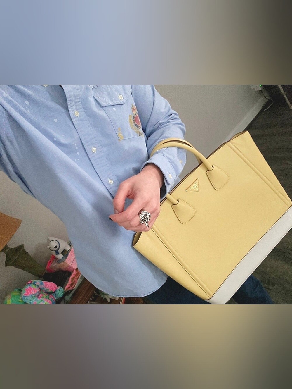 💛RARE Prada💛 - Bi-Color Ananas/Talco Saffiano Lux Leather Large Shopping Tote - Picture 3 of 16